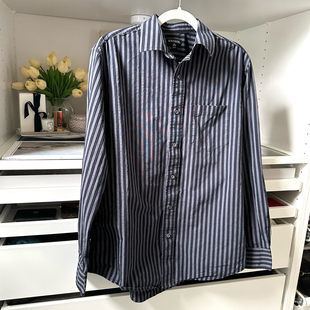 Striped Button Down Dress Shirt -George Blue & Black Vertical Striped Button Up
